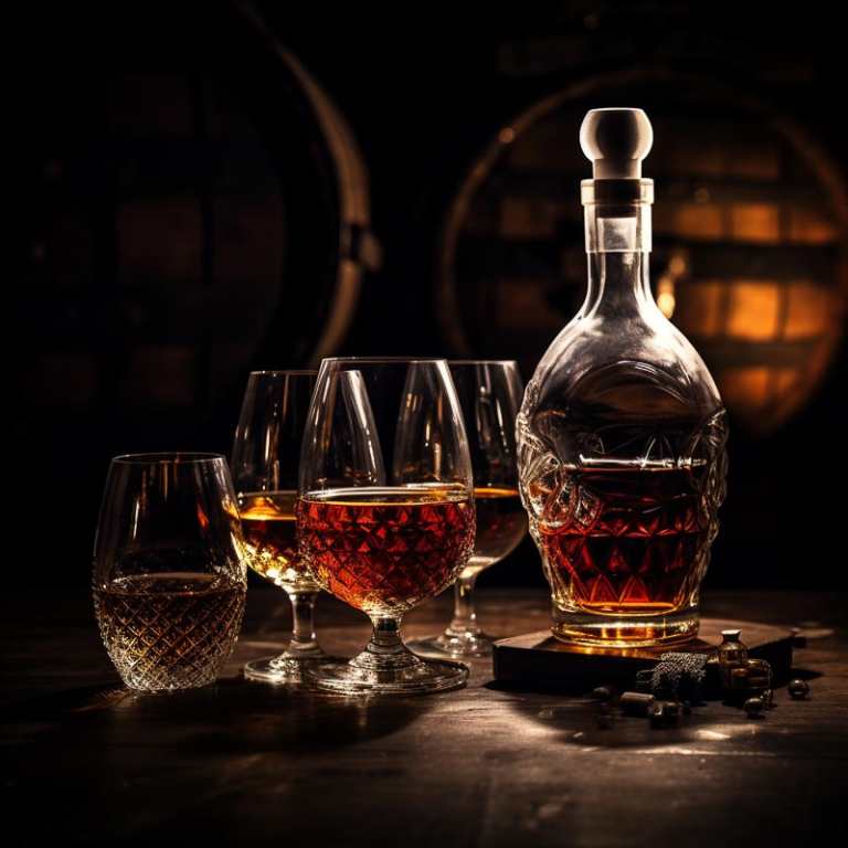 generate an image with a snifter glass, a wine cellar with barrels, and a cognac bottle in a dark environment --v 5.2 Job ID: 5cad8751-9aa0-4444-b7bc-5939a0a9433c