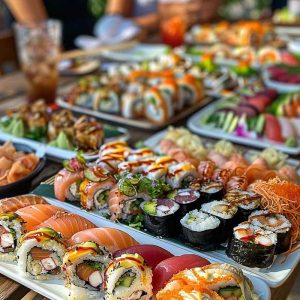 a table full of delicious sushi --ar 1:1 Job ID: 98191337-589c-4b0e-a6c3-15ce410b56f9